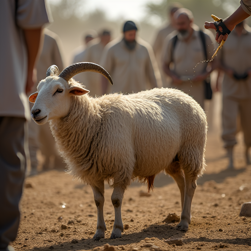 An image showing the process of sacrificing a sheep according to Islamic tradition, with focus on the symbolic aspect and adherence to religious guidelines, maybe in a rural or communal setting