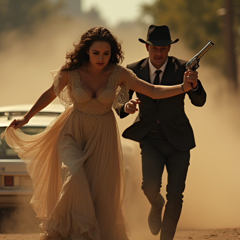 A dynamic shot of the two protagonists, Lucia and Jason, in action, perhaps during a high-octane moment like a car chase or a robbery, showcasing their Bonnie and Clyde-inspired partnership.