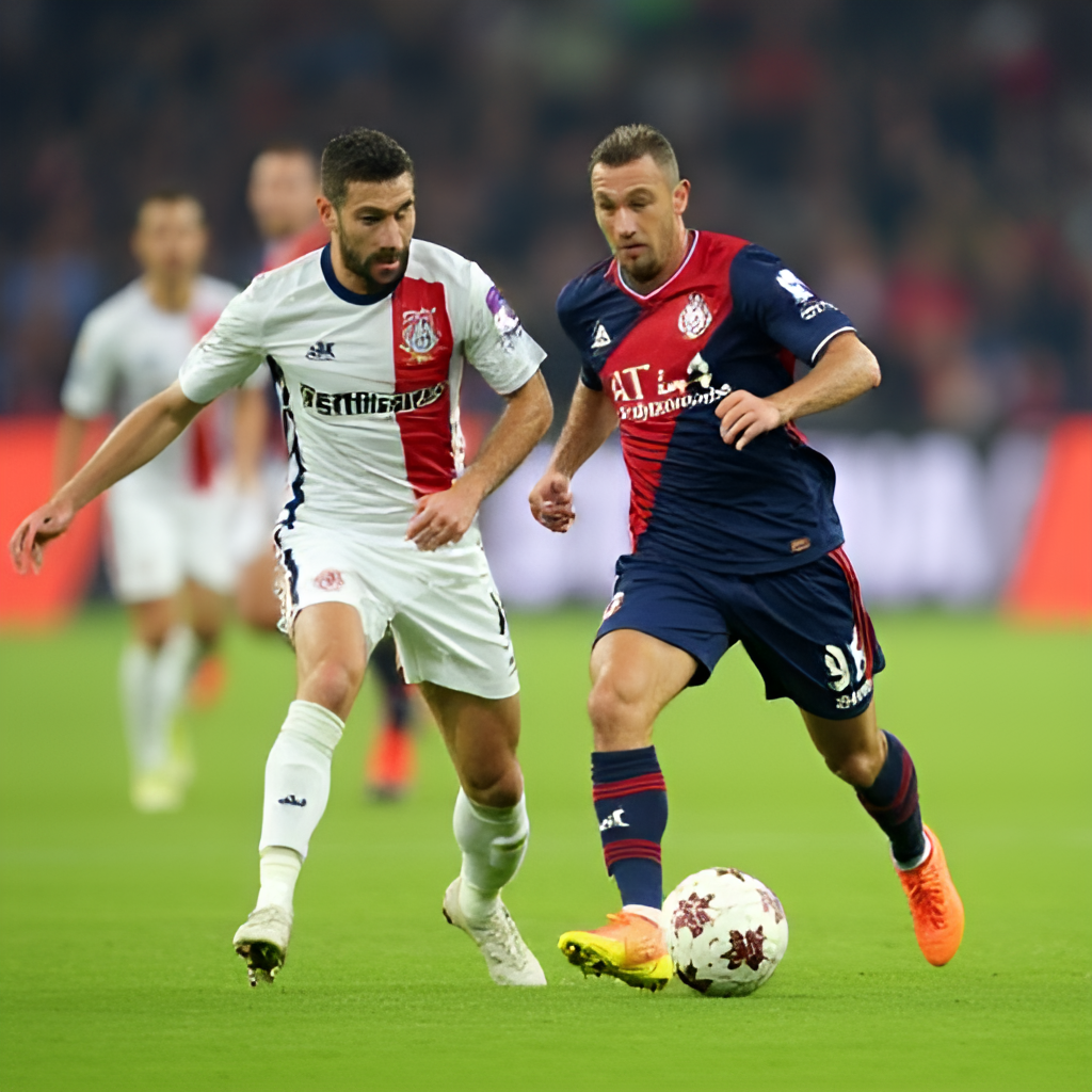 A dynamic action shot of a football player in a Ligue 1 match, dribbling past an opponent on the field with intensity.