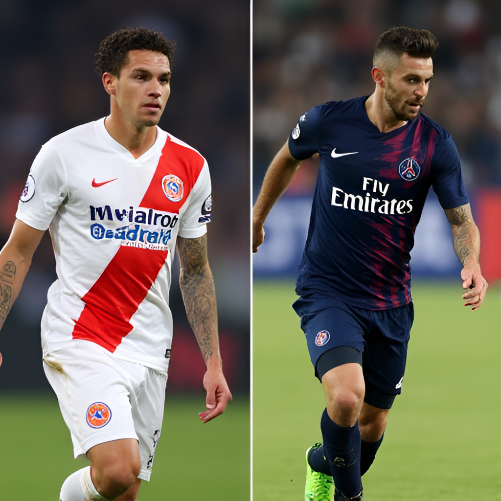 A split image showcasing a key player from Montpellier looking determined on one side, and a star player from PSG in action on the other, symbolizing the matchup.