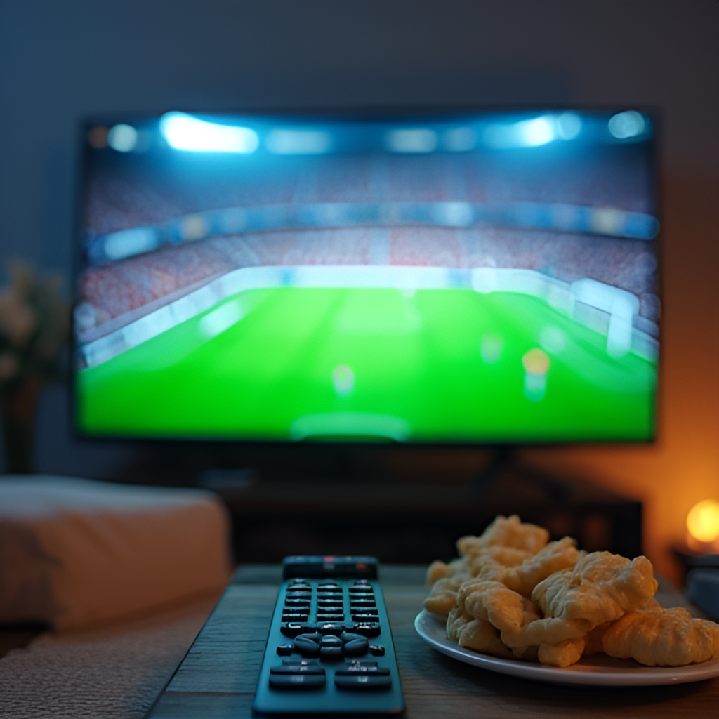 A close-up of a television screen showing a live football match being broadcast, with a remote control and snacks nearby, illustrating home viewing.