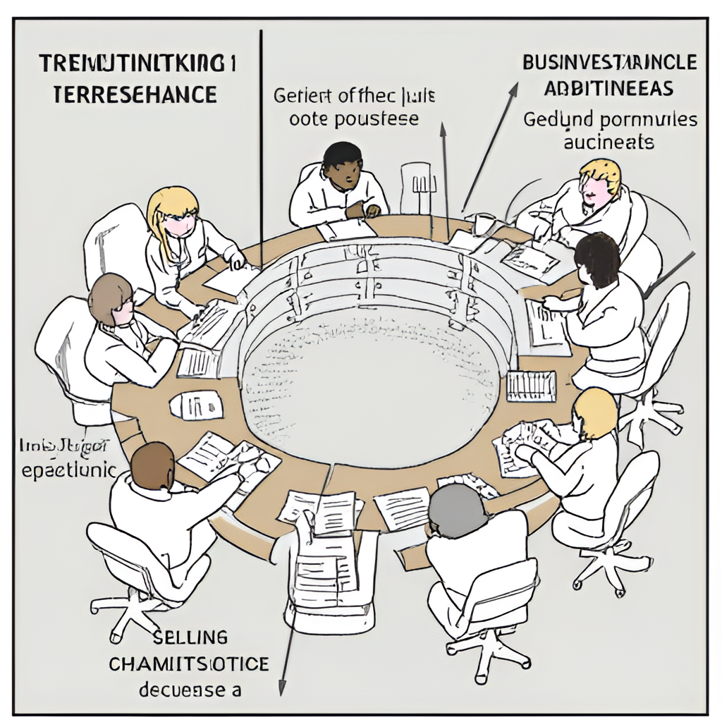 A visual representation of a committee meeting, showing members reviewing documents and discussing a case, highlighting the review process.