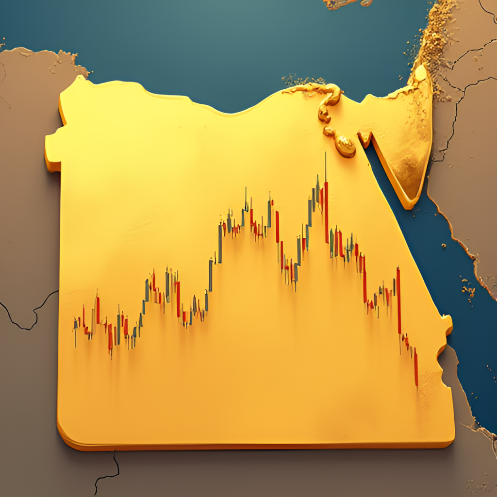 A graphic illustration showing upward and downward trends on a gold price chart, superimposed over a map of Egypt, representing the volatility and factors influencing gold prices in the country.