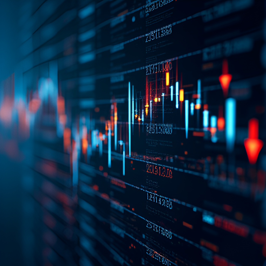 A visual representation of economic indicators fluctuating on a screen, with arrows pointing up and down, symbolizing the volatility and unpredictability of currency exchange rates in the black market.