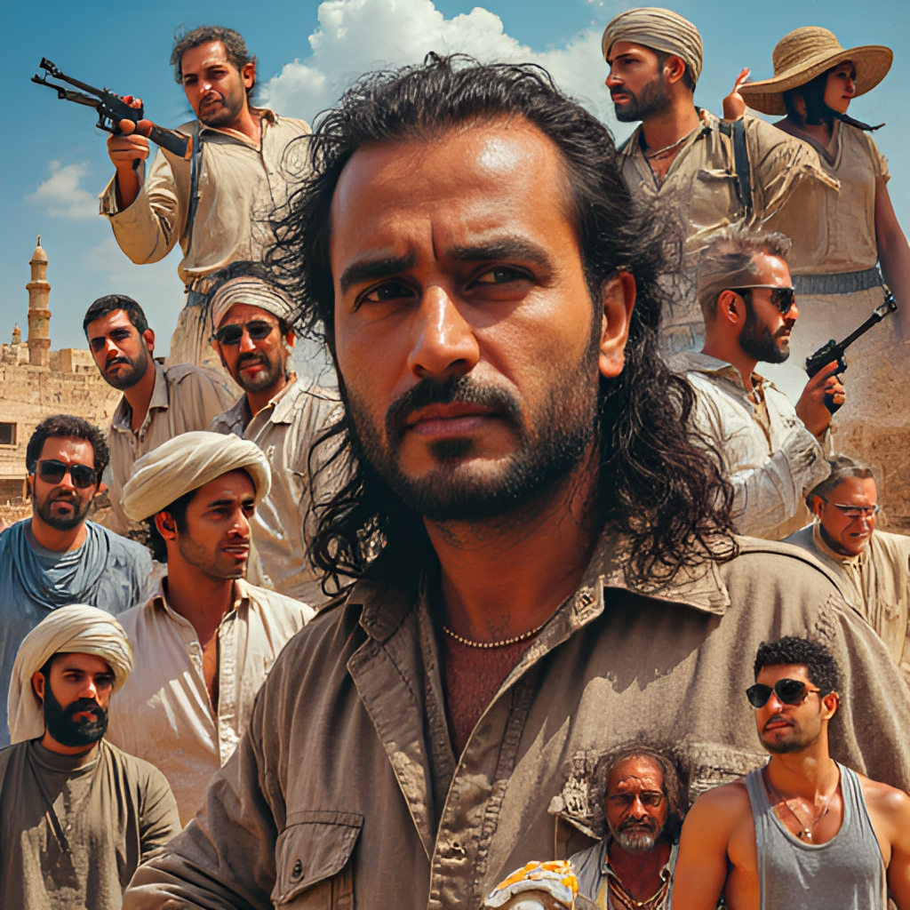 A vibrant collage or montage image showcasing key moments from Mohamed Emam's career, featuring scenes from his diverse films and TV shows, highlighting his range from comedy to action.