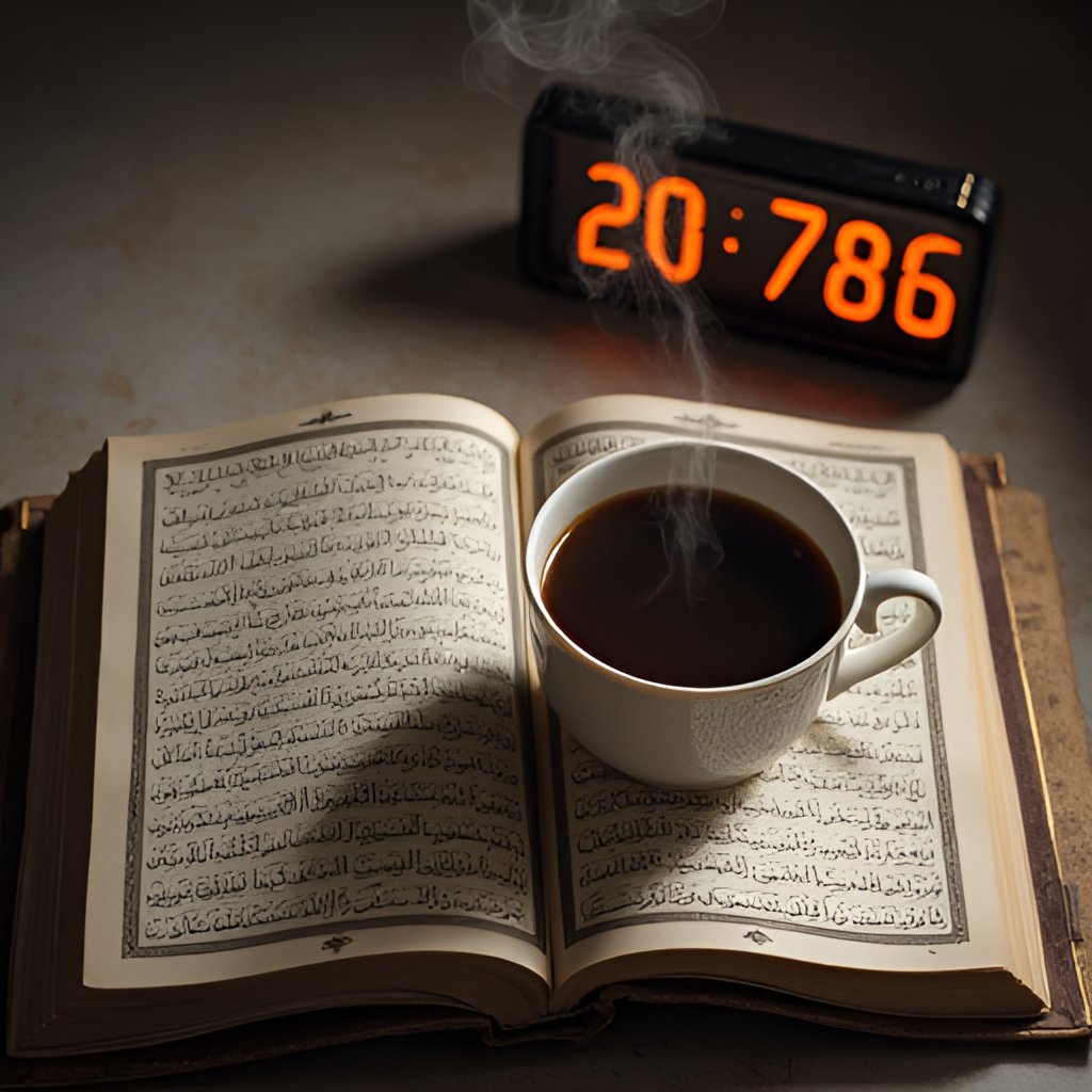 An overhead shot of a steaming cup of coffee or tea next to an open Quran and a digital clock showing an early morning time, symbolizing preparation for prayer after waking up.