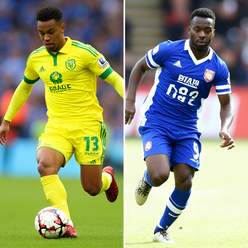 A split image or collage showing Brandon Williams in both a Norwich City kit and an Ipswich Town kit, representing his loan spells. He is in different poses, perhaps tackling in one and passing in the other, highlighting his role as a full-back. Sports photography style.