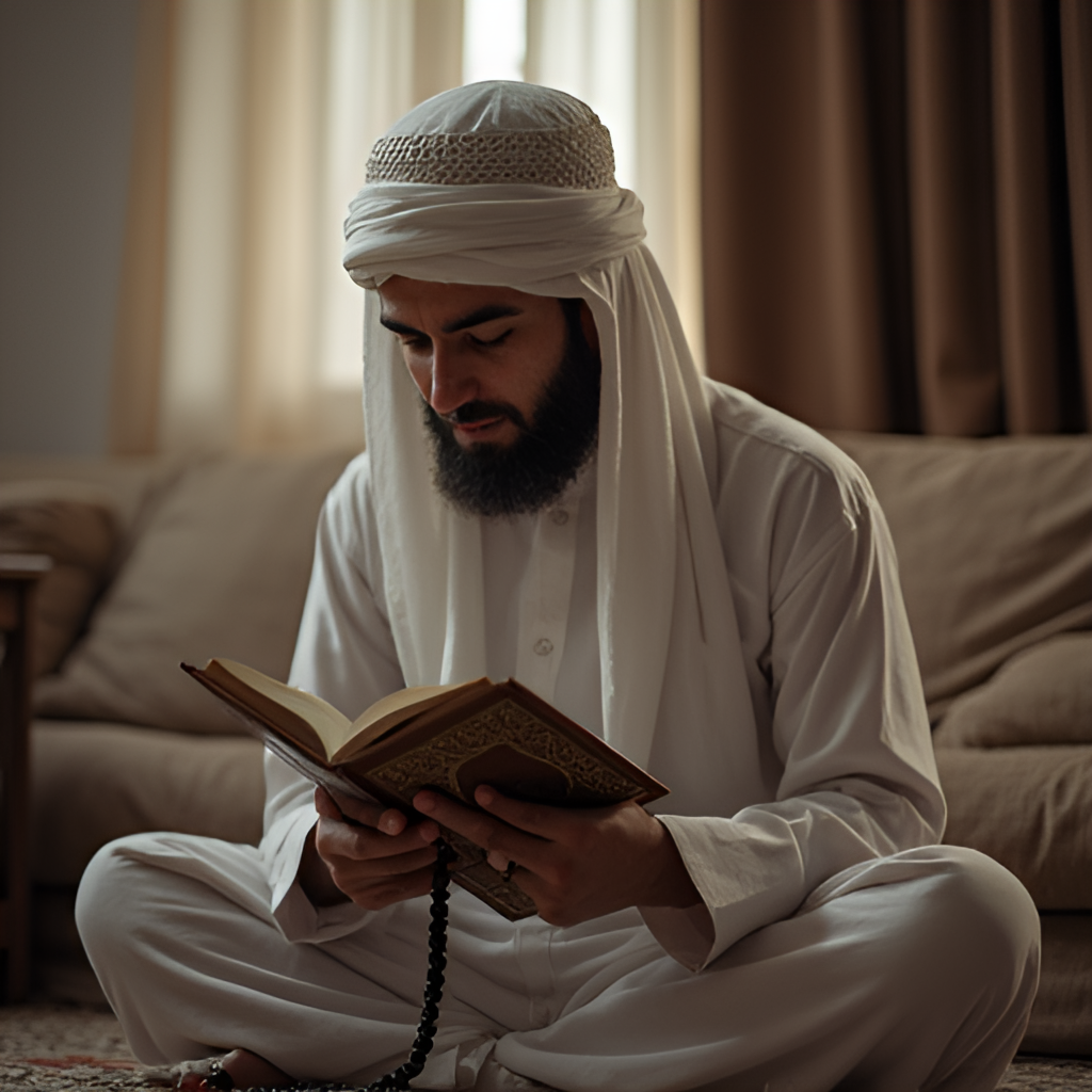 A single Muslim person at home, holding prayer beads (tasbih) and a Quran, engaged in sincere prayer and reflection during the Day of Arafah, conveying peace and devotion.