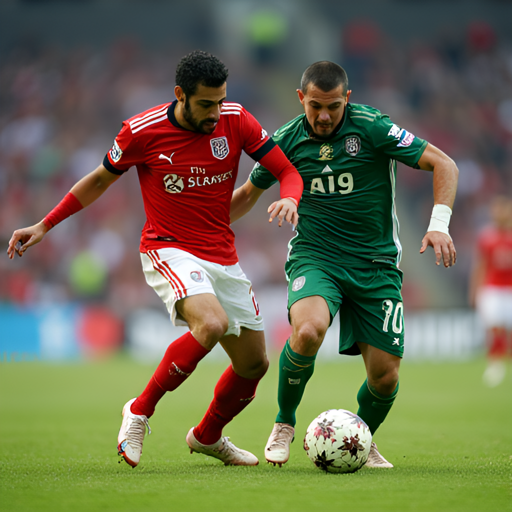 A dynamic, low-angle shot of two football players, one in a red (Al Ahly) and one in a green (Al Masry) jersey, competing for the ball during a match, emphasizing the rivalry and physical nature of the game