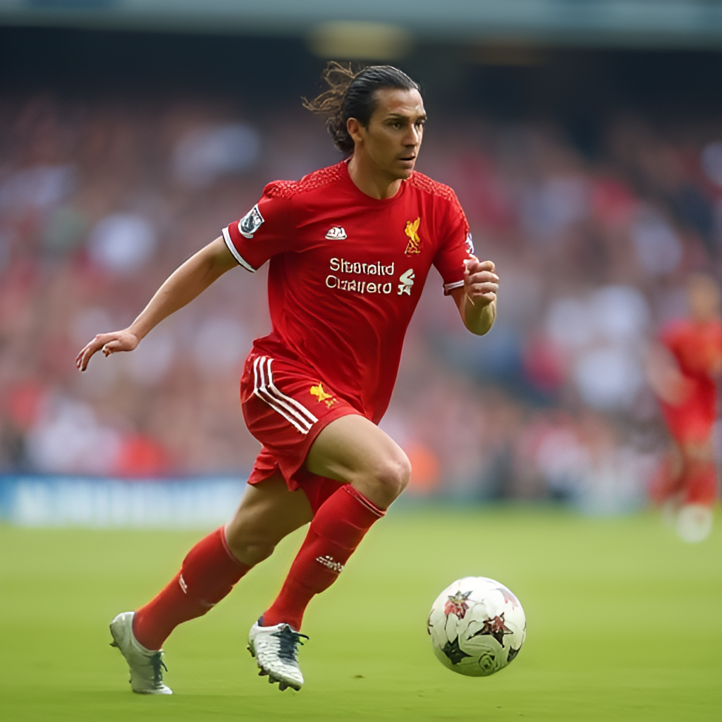 A photorealistic image of Xabi Alonso during his playing career, perhaps in a Liverpool or Real Madrid kit, making a precise long pass in a stadium setting with dynamic motion blur.