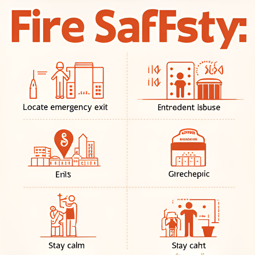 A graphic illustrating fire safety tips in shopping malls, such as locating emergency exits, recognizing alarm signals, and staying calm during evacuation