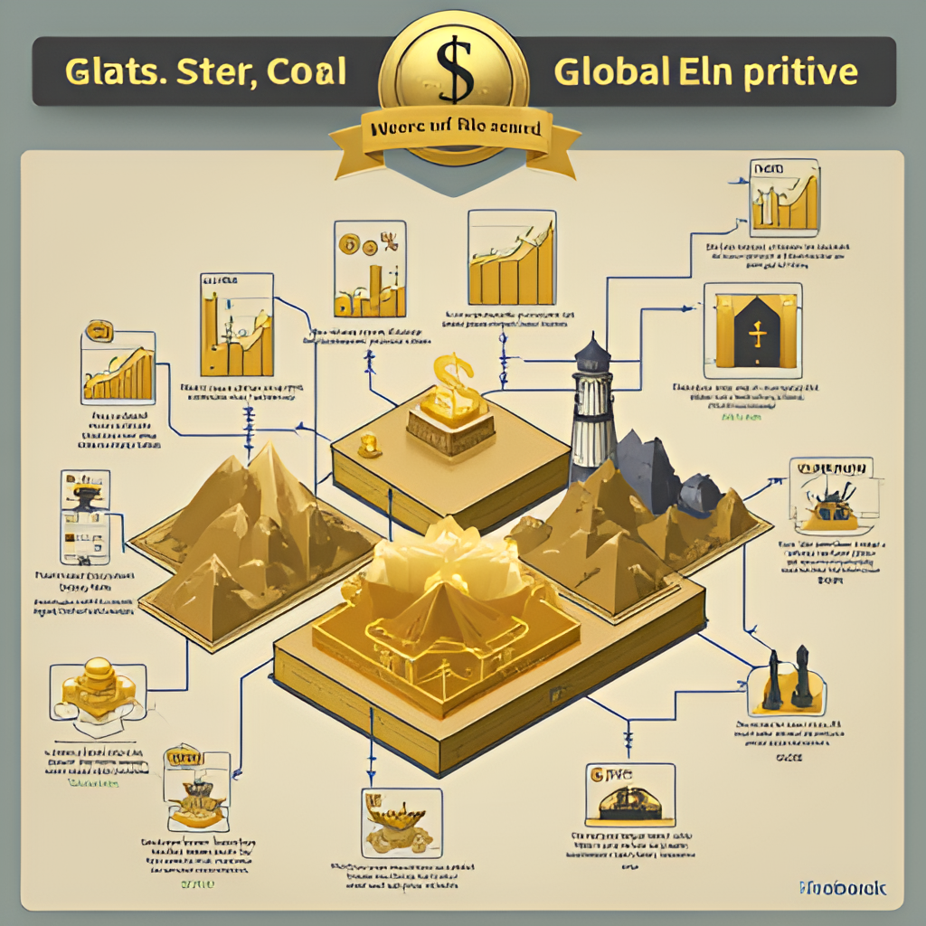 A conceptual image illustrating global economic factors affecting gold prices, showing charts and graphs with currency symbols (USD, EGP), interest rate indicators, and symbols of geopolitical stability/instability.