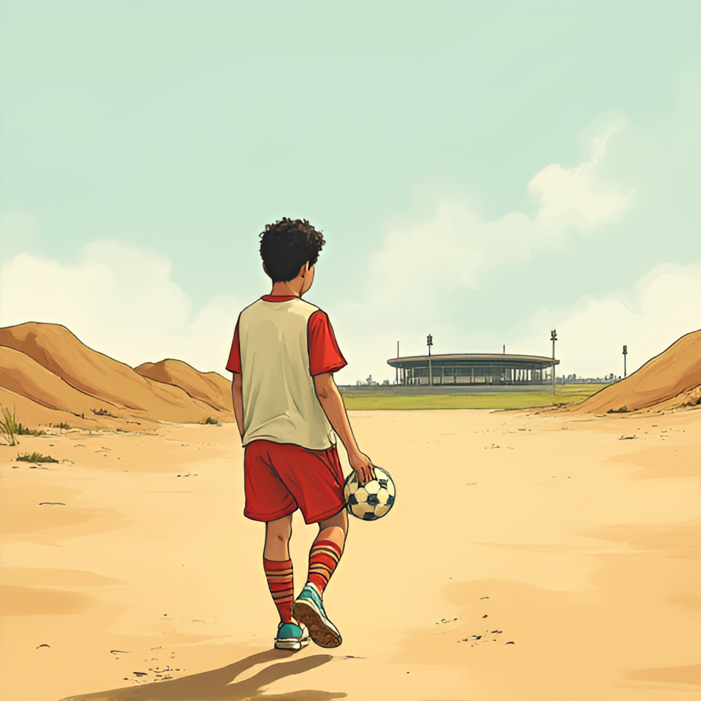 An illustrative image depicting Amr El-Gazzar's journey, perhaps showing a young player with a football walking away from a simple background towards a stadium in the distance, symbolizing his rise from humble beginnings to the professional league.