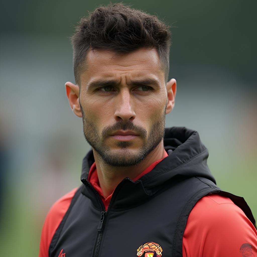 A portrait shot of Ahmed Ramadan Beckham looking determined, possibly during a training session or a promotional event. Focus on his face and expression.