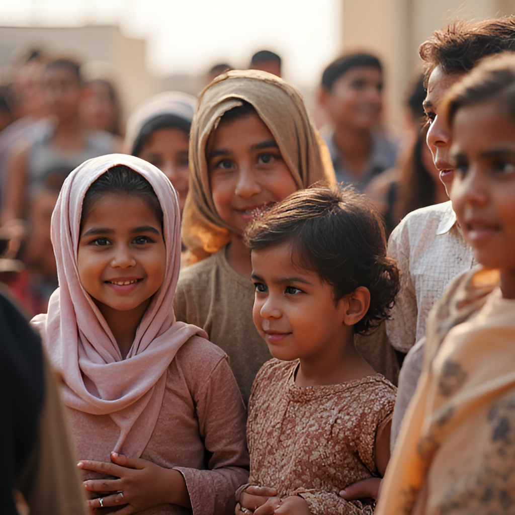 A diverse group of people in Egypt, including children receiving 'Eidiya' (money gift), families visiting relatives, and individuals participating in charitable activities related to distributing meat, showing the various traditions celebrated during Eid al-Adha.