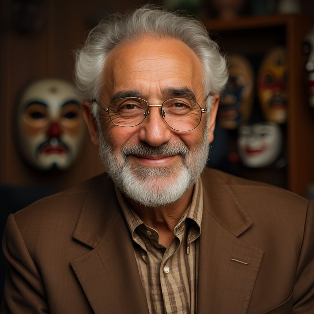 A warm, inviting portrait of Samir Ghanem in his later years, perhaps with a gentle smile, symbolizing his enduring legacy as a 'creator of joy' in Egyptian comedy, maybe with subtle visual elements referencing his famous 'Fatouta' character or theatrical masks in the background.