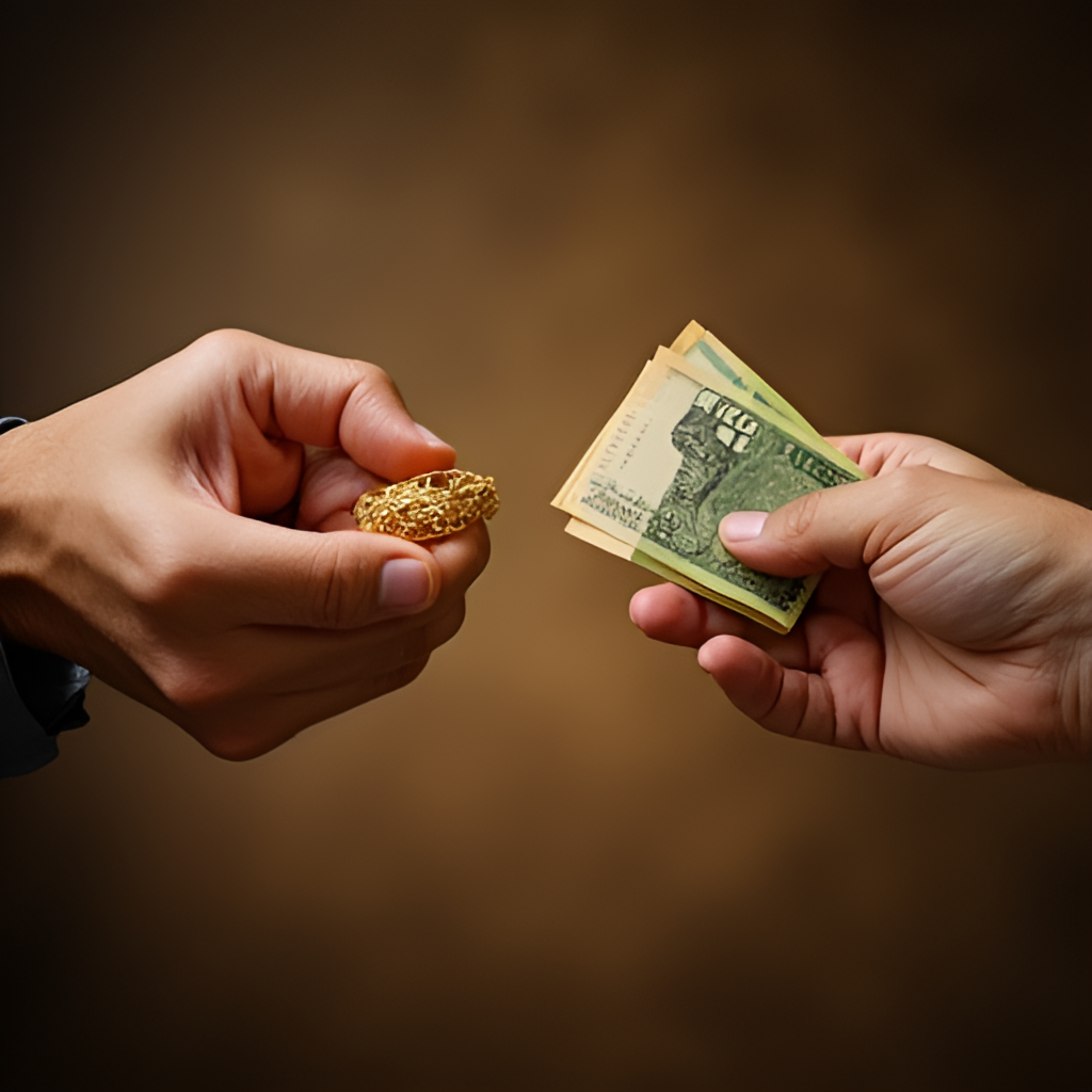 A pair of hands, one holding a piece of gold jewelry (like a ring or bracelet) and the other holding Egyptian pound banknotes, symbolizing the transaction of buying or selling gold in Egypt.