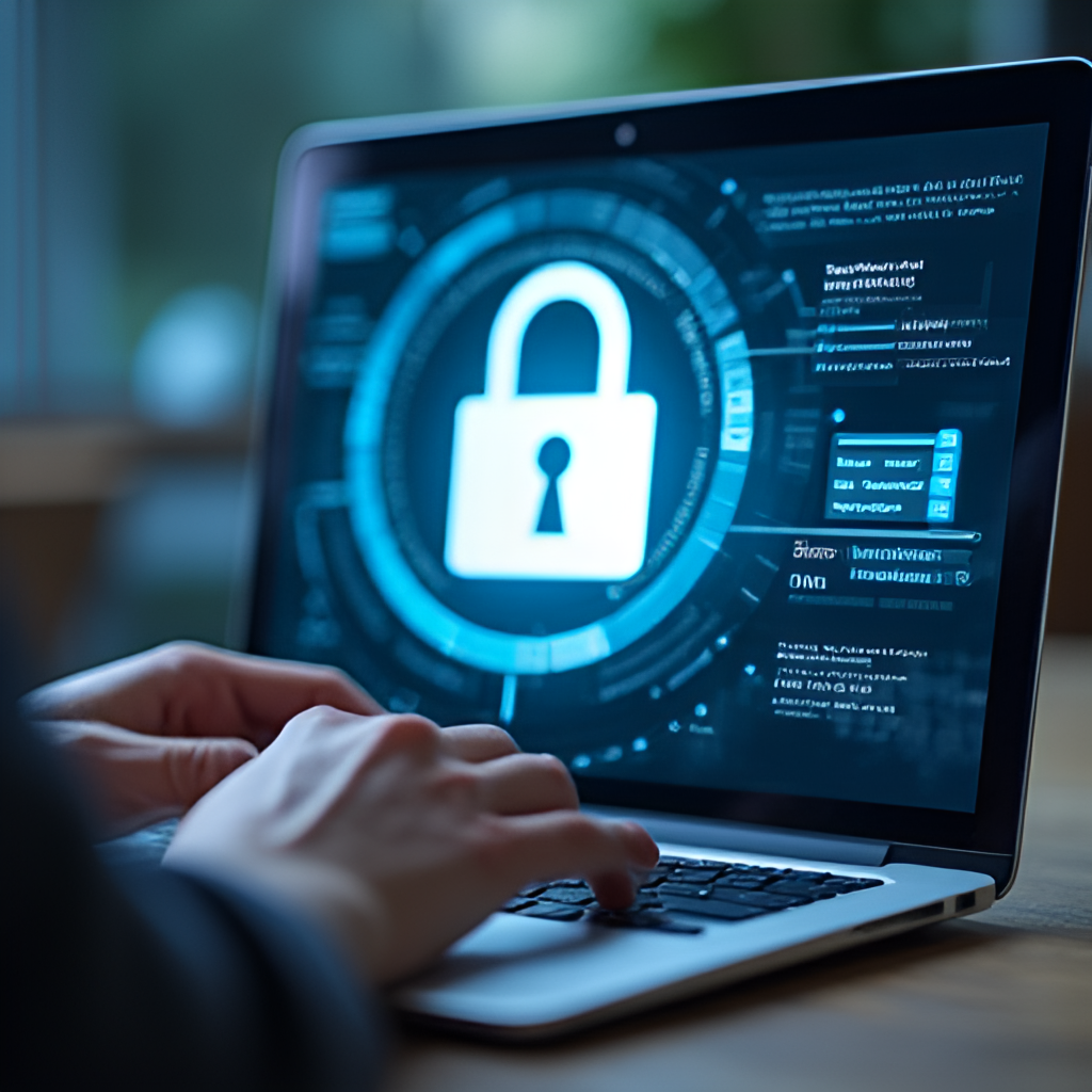 A person's hand typing on a laptop keyboard, with a large, secure lock icon superimposed over the screen, symbolizing personal action taken to secure online accounts after a breach. The image should convey security and proactivity.