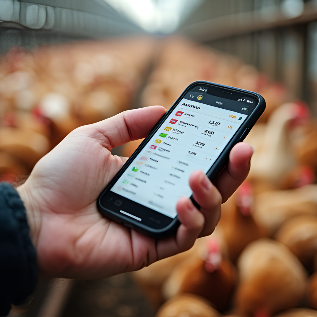 A photo of a hand checking poultry prices on a smartphone screen, with a blurred background of chickens in a farm or market, conveying the concept of tracking daily prices.