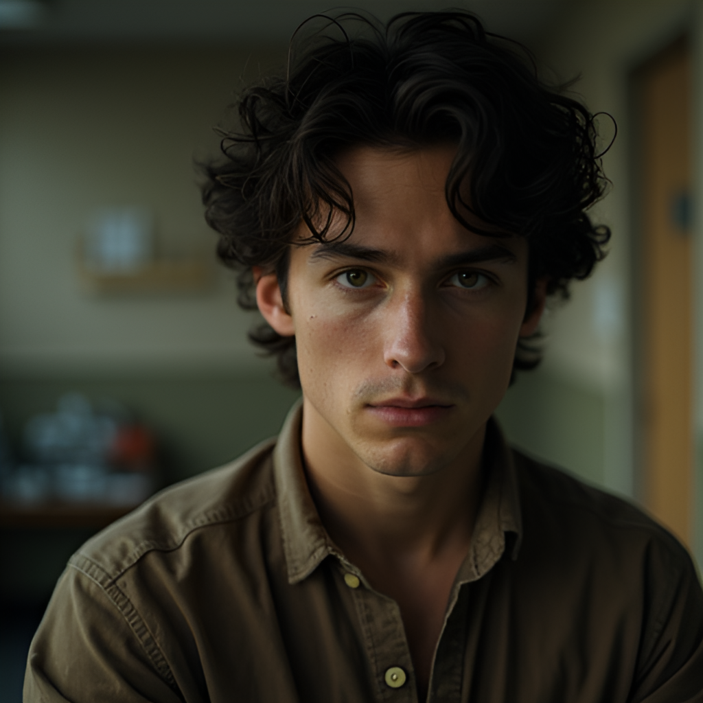 A portrait of Joseph Gordon-Levitt as Brendan in the movie Brick, showing his determined yet troubled expression, perhaps with a subtle hint of the film's high school setting or noir style in the background.