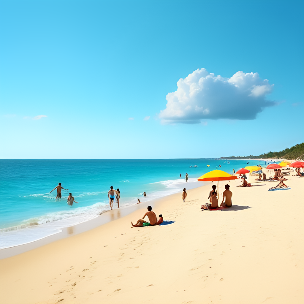 A vibrant, sunny beach scene with people enjoying water activities and relaxing under umbrellas, contrasting with a small, distant dark cloud on the horizon, symbolizing the influence of weather on tourism and daily outdoor activities.